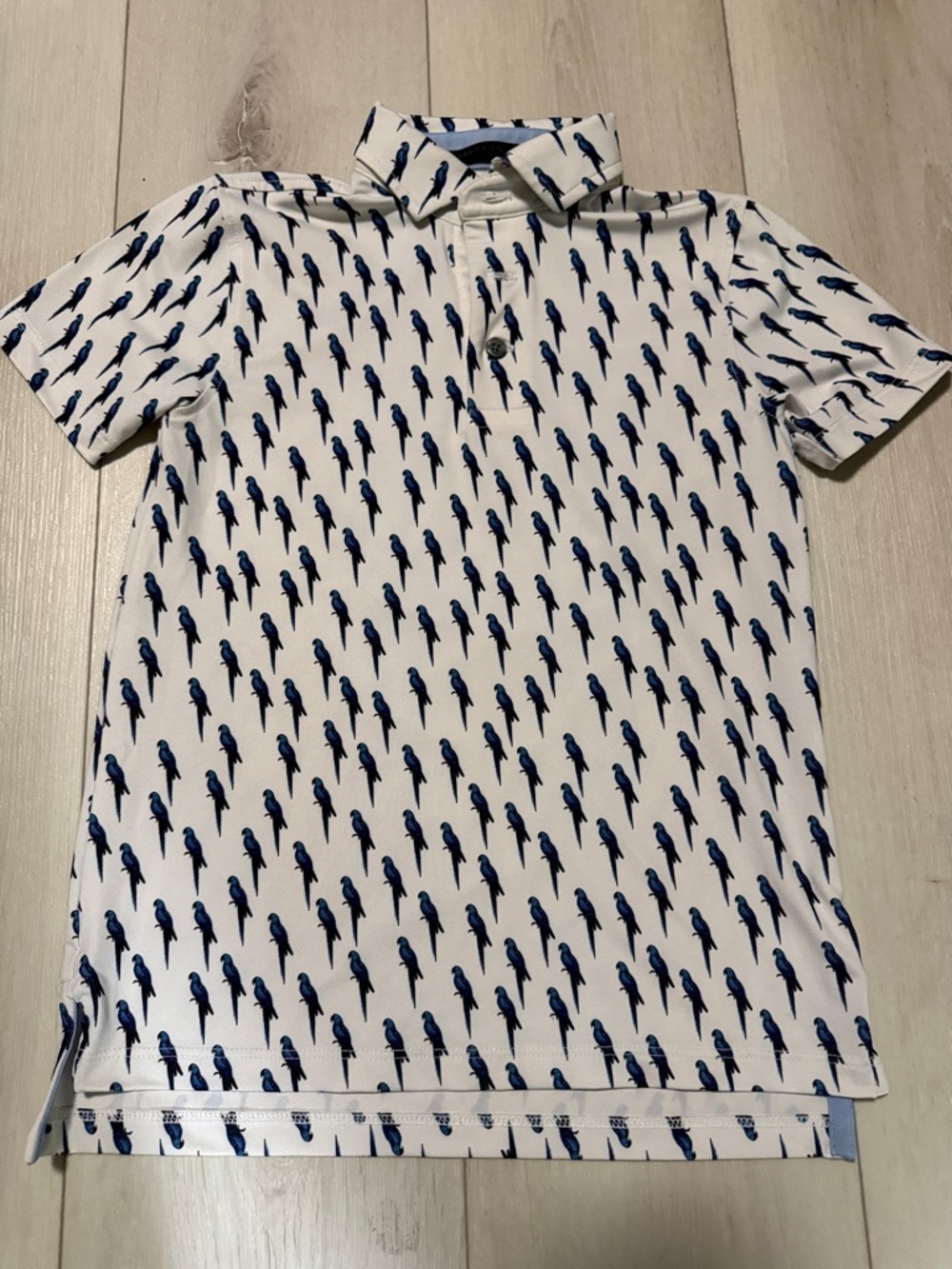 Greyson Kids White Polo Golf Shirt-Polo  with Blue Parrot Print size M